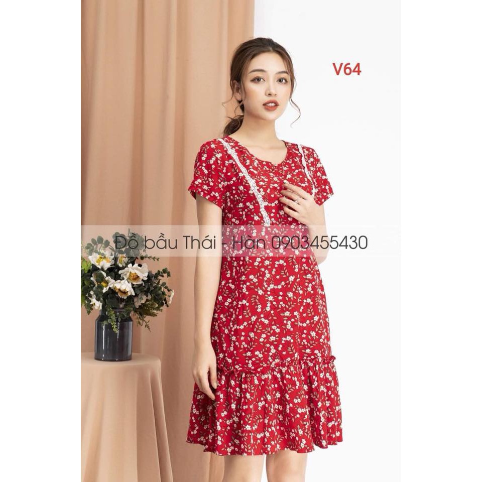 Váy bầu thiết kế hoa nhí phối ren ngực-V64[FREE SHIP]
