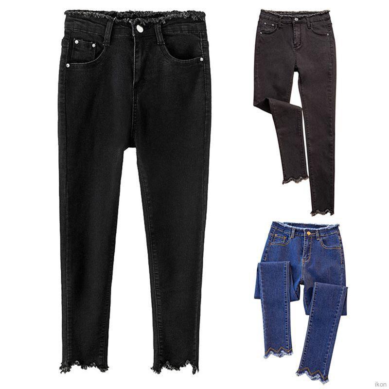 Quần jeans dài co giãn mà trơn đơn giản cạp cao cho nữ