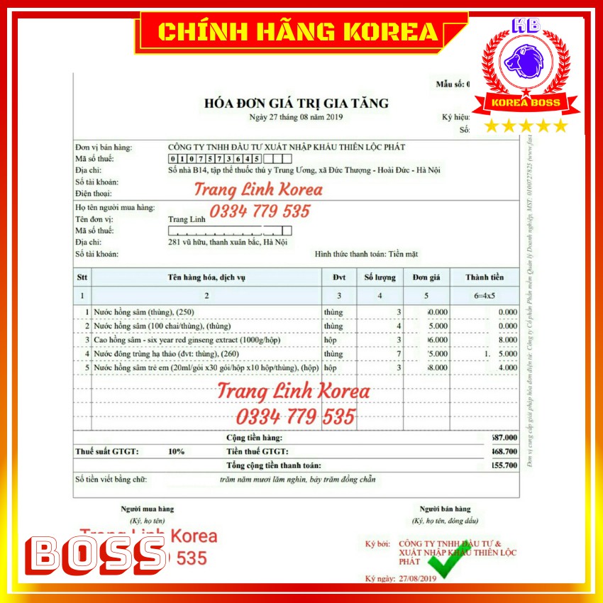 Nước đông trùng hạ thảo hàn quốc, Đông trùng hạ thảo hộp 10 chai, Korea Boss