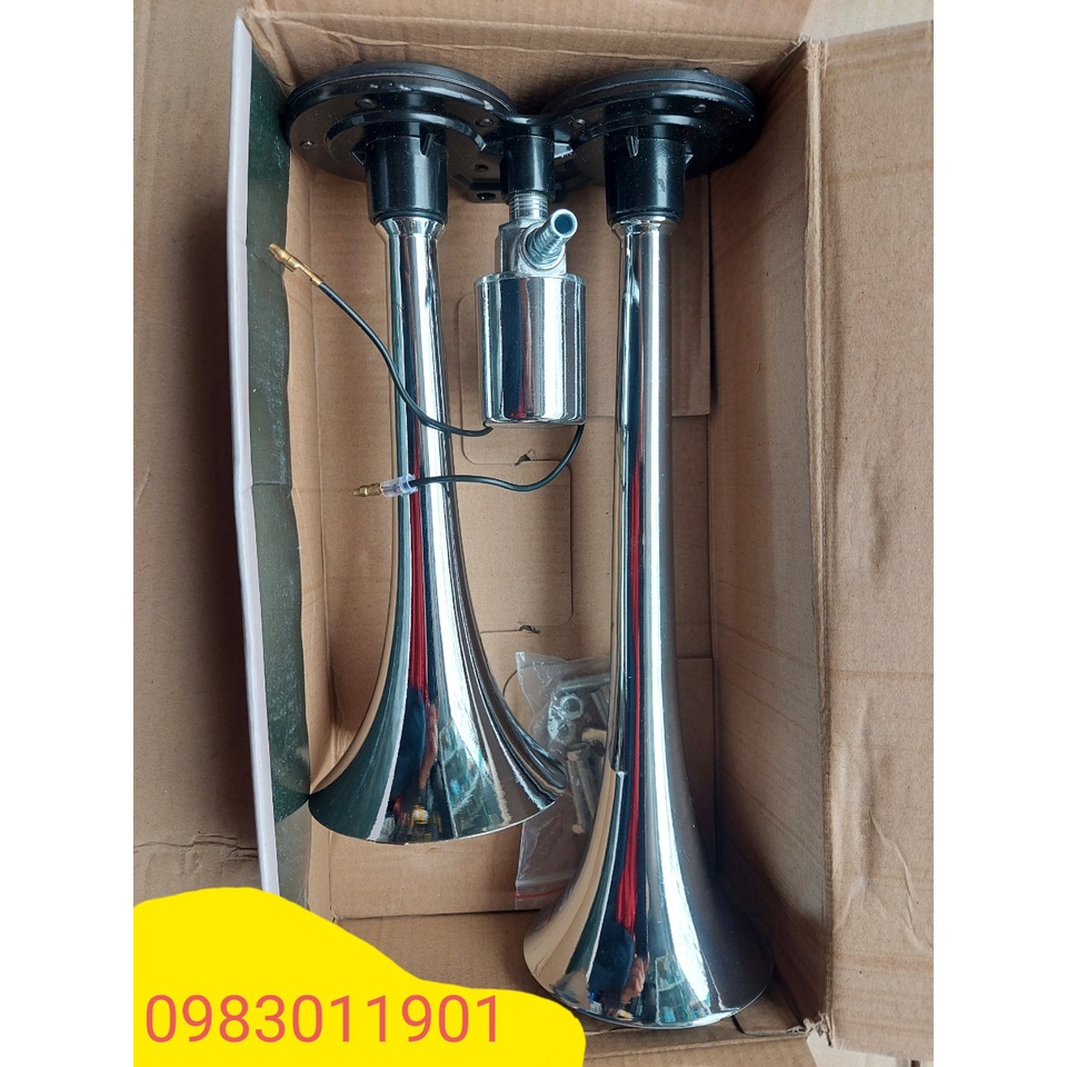 Còi hơi hai loa inox trắng mạ crom dùng cho xe có bình hơi