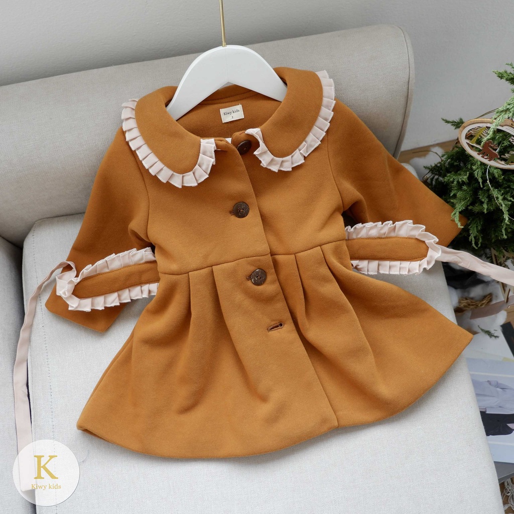 Áo khoác bé gái  KIWY KIDS dáng xòe chất nỉ cổ ren kèm đai Kids2135 cho bé gái từ 1 đến 6 tuổi