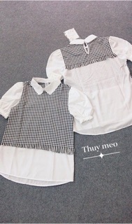 Áo sơ mi cộc tay phối caro