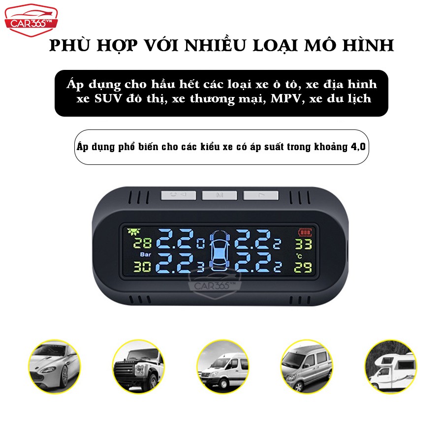 Cảm biến áp suất lốp ô tô xe hơi Car365 CHÍNH HÃNG - Màn hình màu gắn kính lái sạc năng lượng mặt trời - CAR28