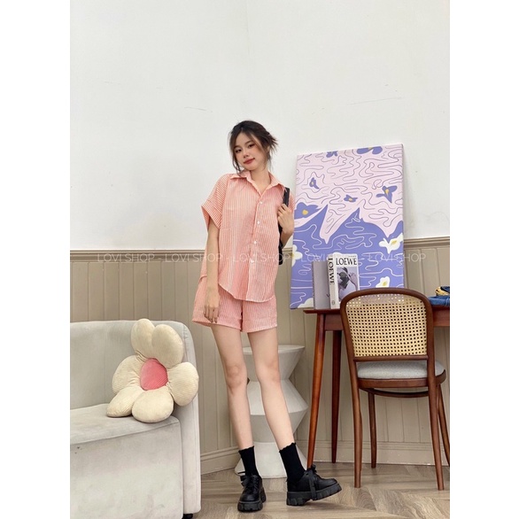 Set bộ sơ mi xốp sọc mùa hè ullzang 4 màu xinh xắn trẻ trung năng động