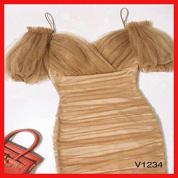 Đầm dự tiệc lệch vai phối lưới sang chảnh.(kèm video clip thật) | BigBuy360 - bigbuy360.vn