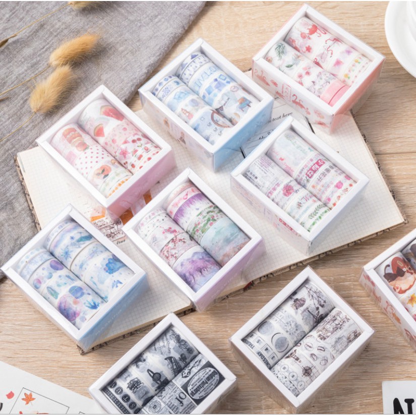 Set 10 cuộn băng dính washi cute xỉu, DIY trang trí hình dán xinh decor góc học tập