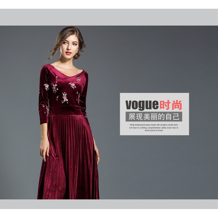 Real Shot Women's High Quality Embroidered Velvet Midi Pleated Party Dress | BigBuy360 - bigbuy360.vn