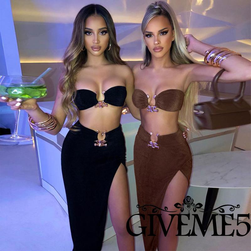 GIVEME-Women Summer Leisure Suit, Solid Color Metal Ring Decoration Strapless Midriff-baring Camisole + Side Split Bust