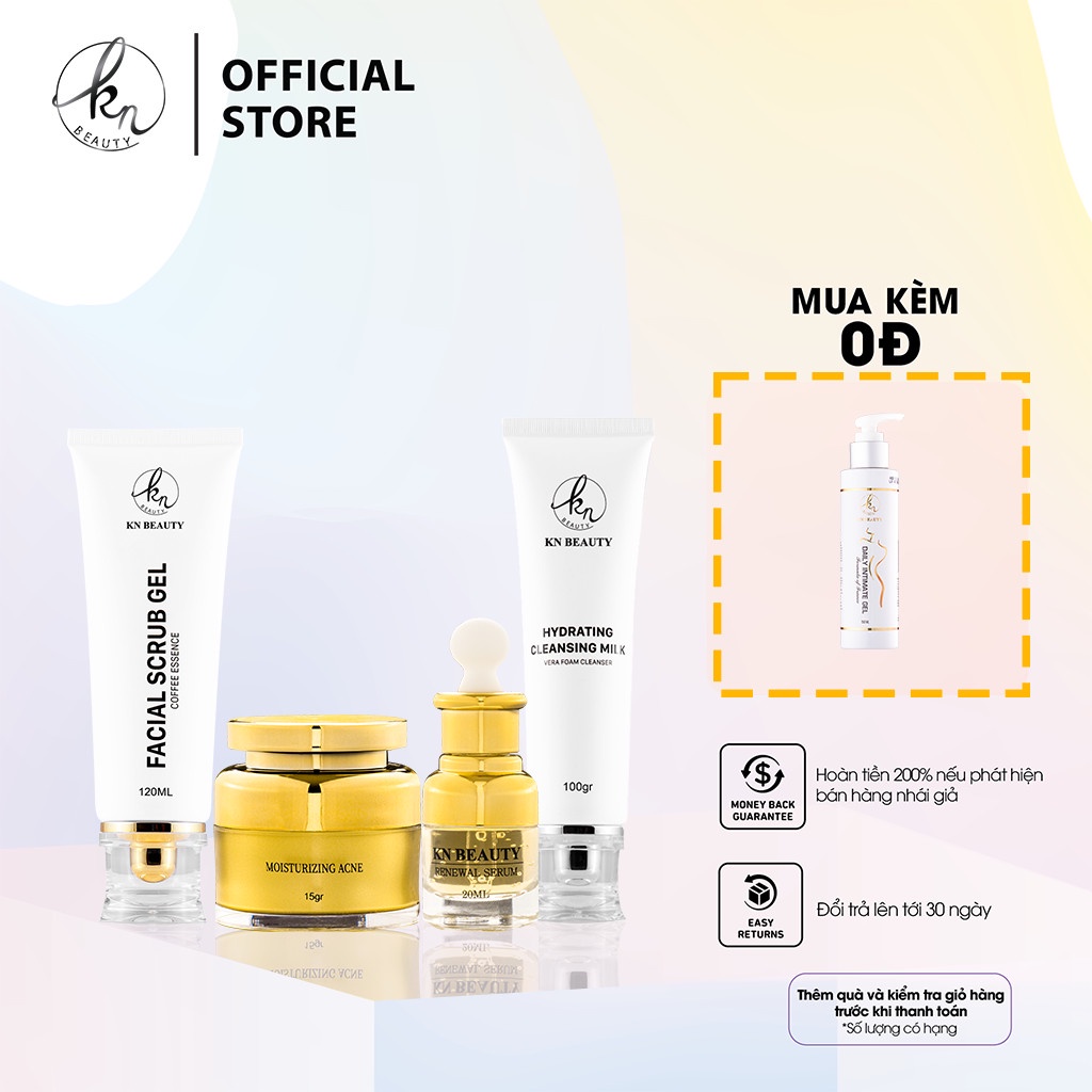 Bộ 4 bước chăm sóc da Ngừa mụn KN Beauty chuyên sâu: Kem dưỡng 15g + Serum 20ml+ Sữa rửa mặt 100g+ Tẩy tế bào chết 120ml