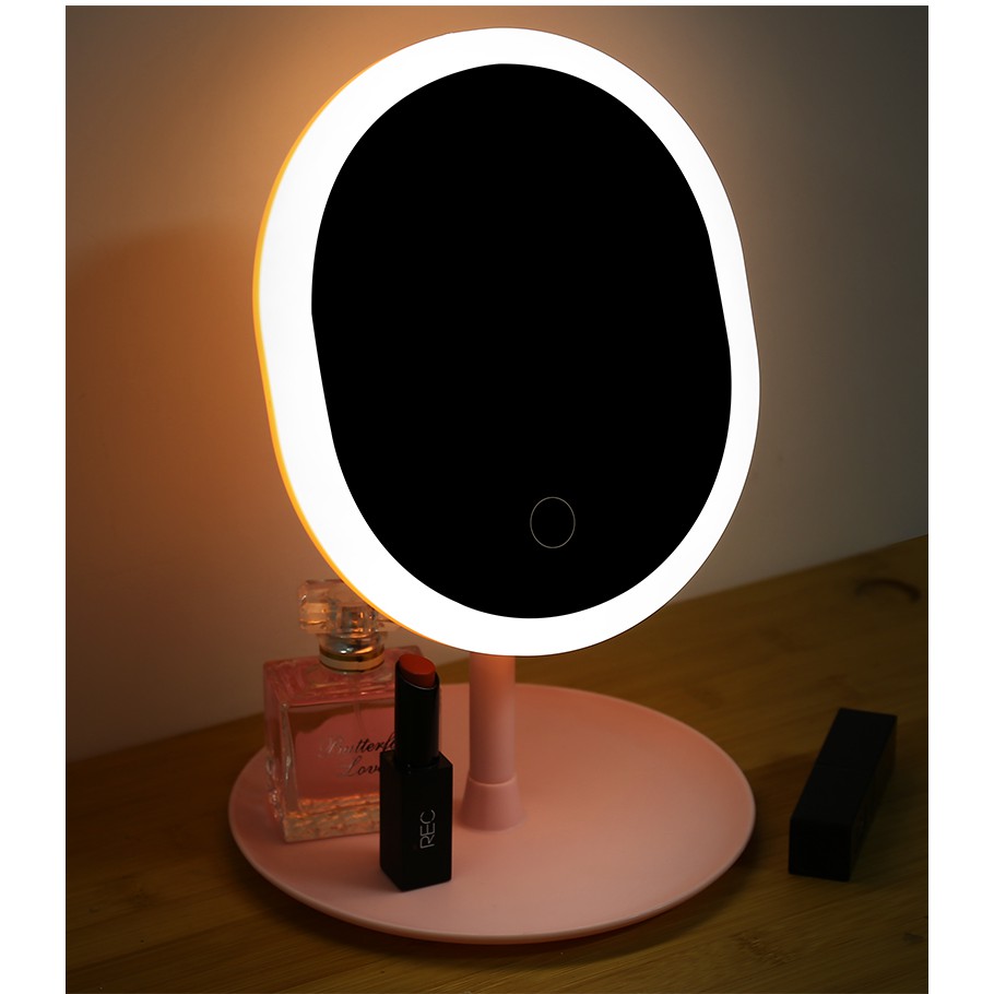 Gương Trang Điểm Đèn LED 3 Màu Ánh Sáng KingHan, Gương Để Bàn Trang Điểm Hình Bầu Dục , Hình Tròn