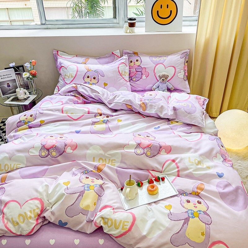 Set chăn ga cotton poly nhập khẩu có chăn trần bông - mẫu thỏ stella mới tím cute