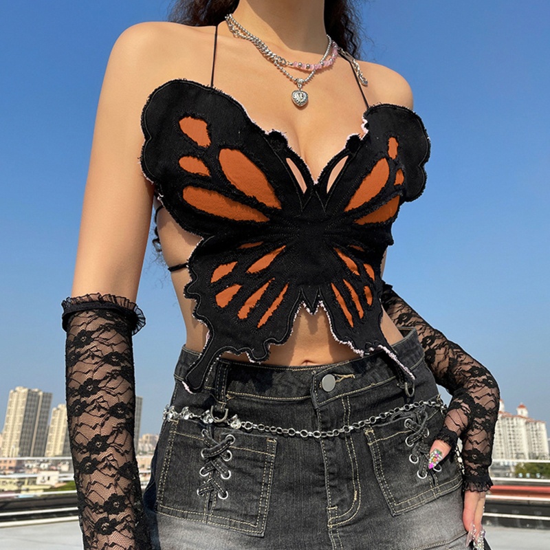 Áo Croptop Hai Dây Cổ Chữ V Họa Tiết Bướm Nhiều Màu Sắc Gợi Cảm Cho Nữ