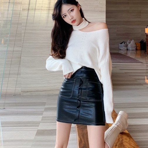 SET LẺ ÁO LEN CHOKER + CHÂN VÁY DA ULZZANG