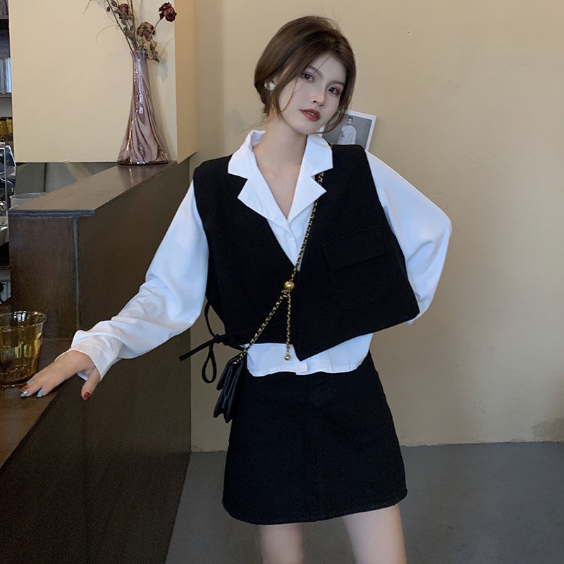 Set áo sơ mi tay dài và áo khoác không tay thiết kế mới thời trang theo phong cách vintage dành cho nữ