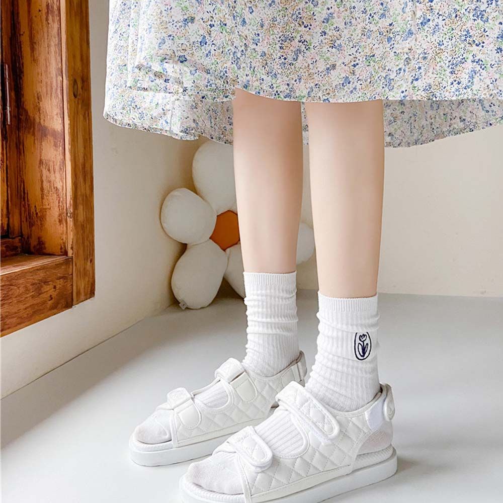 Vớ Cotton cổ cao thoáng khí kiểu sọc thêu họa tiết hoạt hình thời trang hè xinh xắn cho nữ