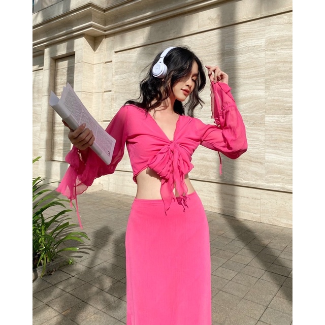 Hot Pink Set - Áo croptop tay dài chân váy dài voan - Thiết kế bởi IAMCOCO.OFFICIAL