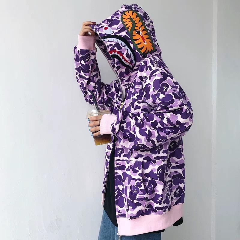 Áo Khoác Sweater Tay Dài Dáng Rộng In Hình Cá Mập Phối Họa Tiết Rằn Ri Kiểu Hip-hop Thời Trang 2019
