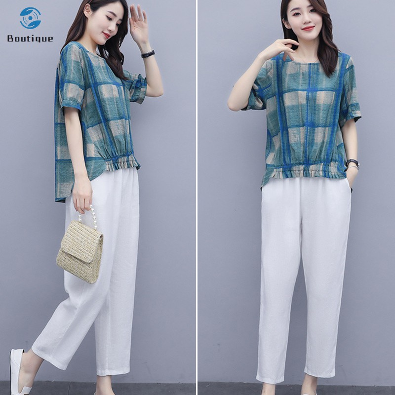  Women's Shirts Pants Suit Plaid Cotton Top Cotton Fabric Pants Fashion Casual Short Sleeve Summer Suit