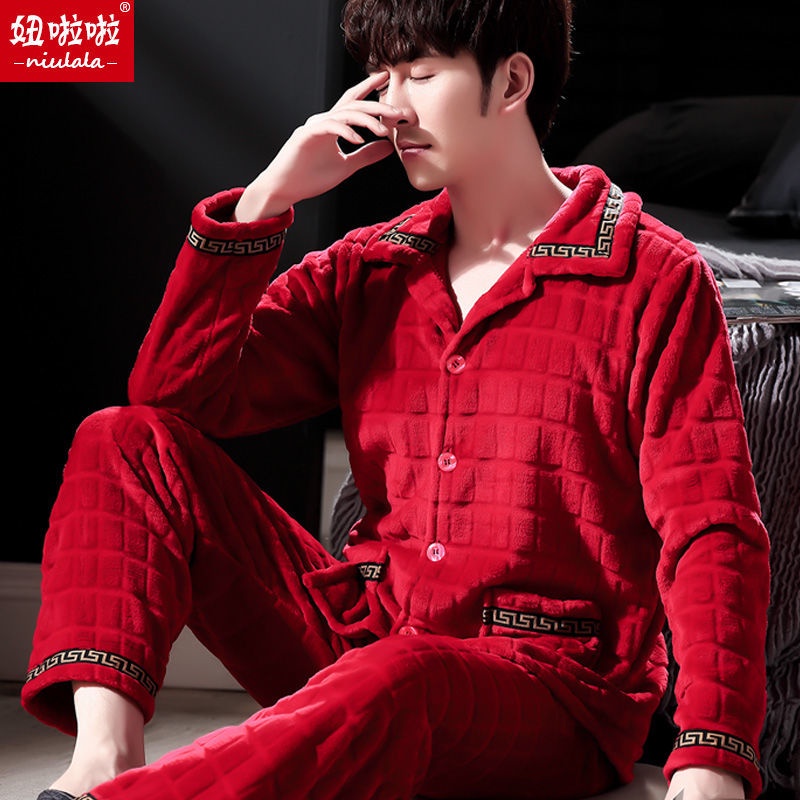 Bộ đồ ngủ tay dài chất nỉ lông cừu san hô dày dặn thời trang thu đông cho nam