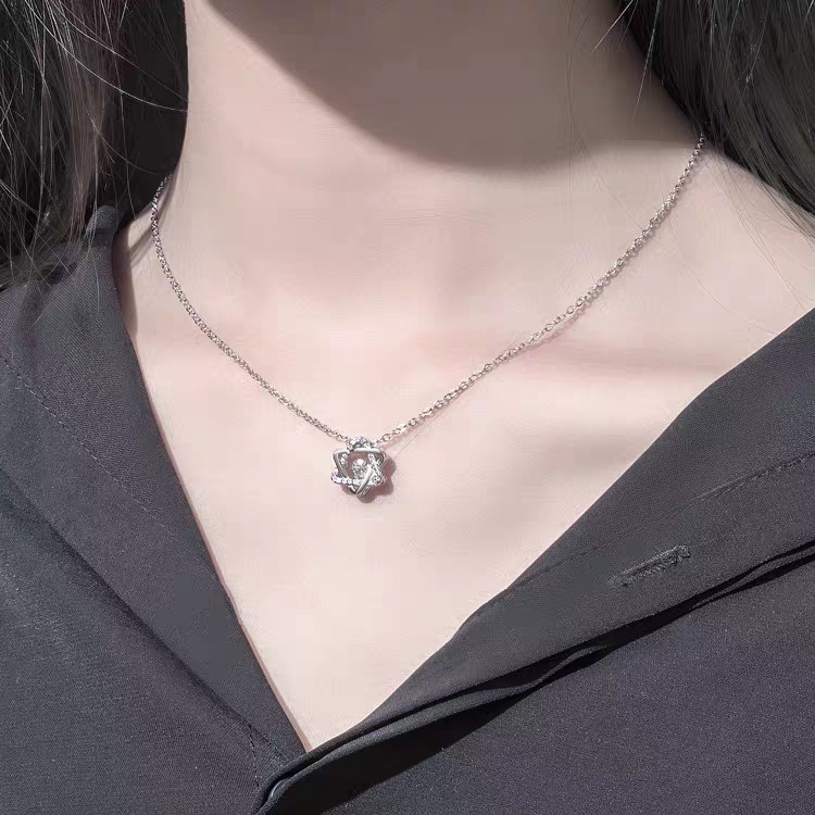 Dây chuyền bạc nữ thật DaLiA Jewelry dây chuyền mặt đá nạm hoa sao lục giác vòng cổ đẹp 925 dễ phối đồ
