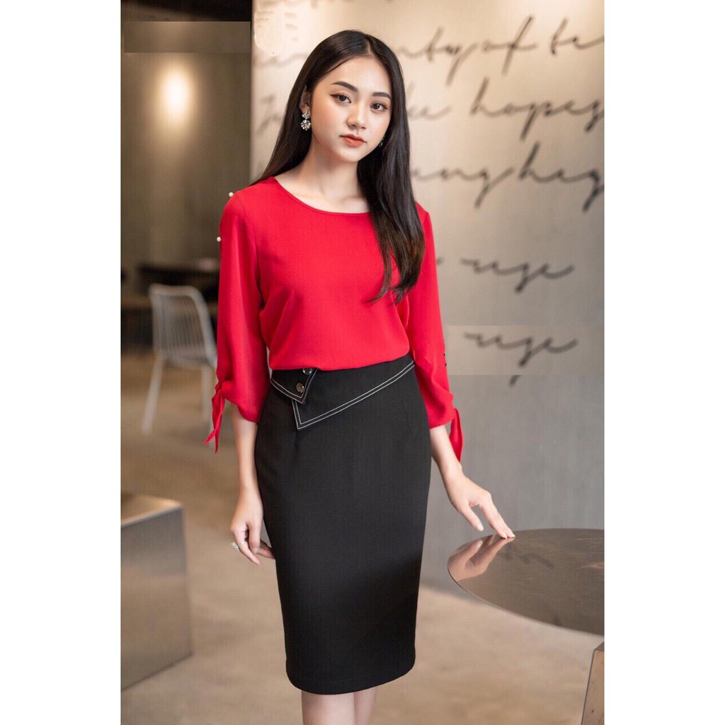 Chân váy bút chì, váy công sở vạt chéo chỉ nổi 2 khuy sắt hàng công sở cao cấp | BigBuy360 - bigbuy360.vn