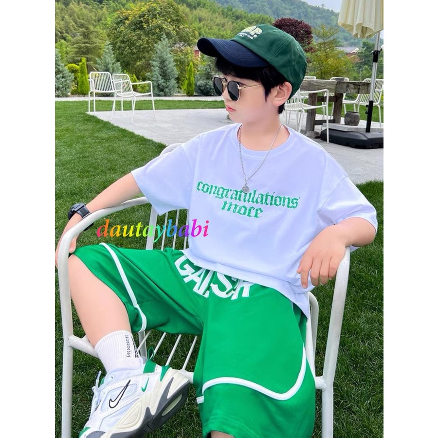 Bộ thun bé trai ngắn tay thun cotton xịn mát áo in nổi quần viền phong cách năng động cho bé 10-52kg-BBT90