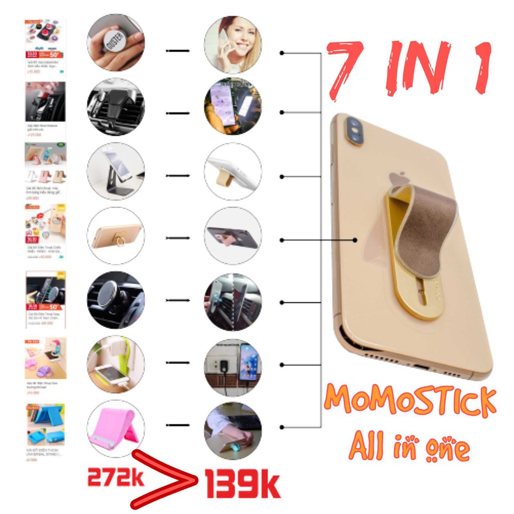 Giá Đỡ ĐT Đa Năng 7 in 1 Momostick Chính Hãng_Bảo Hành Trọn Đời_giá đỡ điện thoại trên oto_Màu Iphone+kẹp