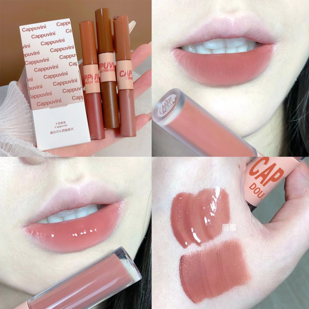 Cappuvini vui vẻ đôi-Trọc Đầu son môi men hạt dẻ Lip bùn gương nước bóng mờ Son môi firstonly