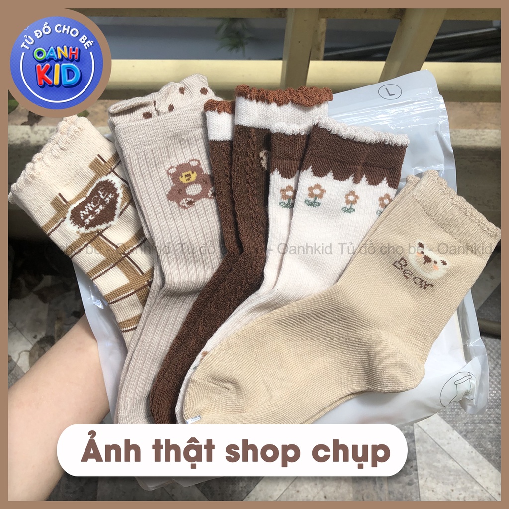 Sét 10 đôi Tất màu nâu họa tiết gấu cao cổ cho bé gái