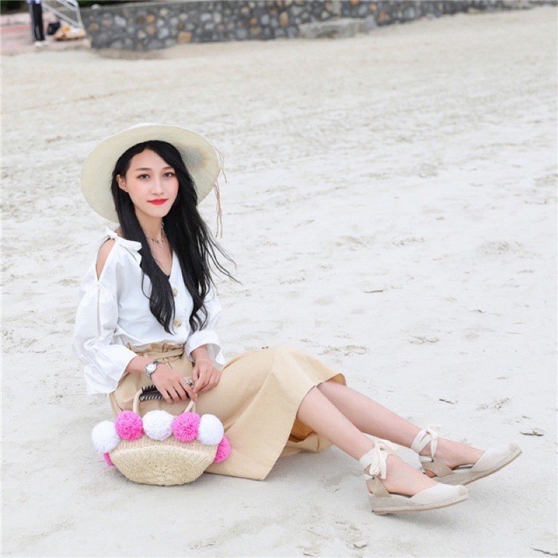 Giày đế cói đi biển cao gót buộc dây cao từ 5/8cm