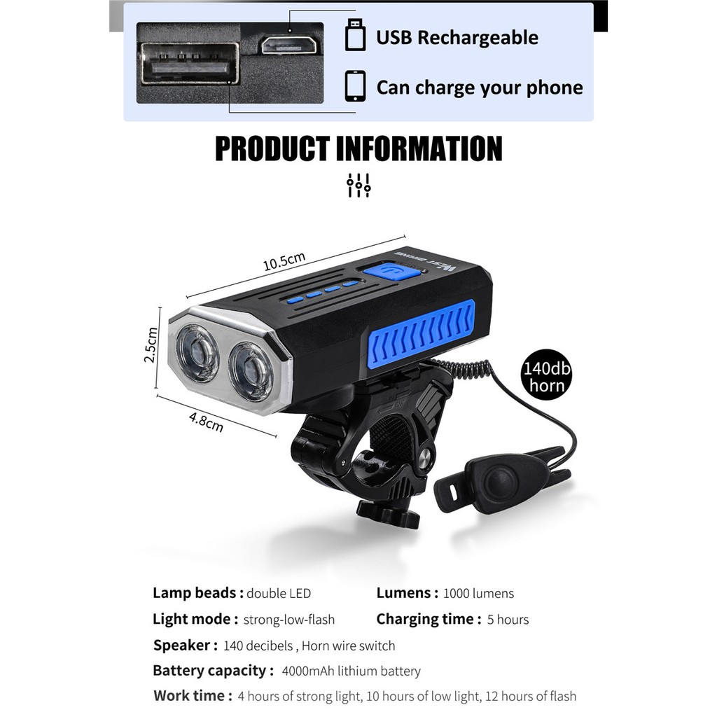 Đèn Xe Đạp WEST BIKING YP0701296 1000 Lumens Có Chuông 140db Có Thể Sạc Lại Qua USB