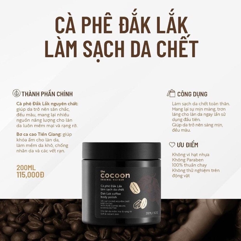 Tẩy tế bào da chết cafe Đăk Lăk Cocoon 200gr, gel tẩy da chết cafe.