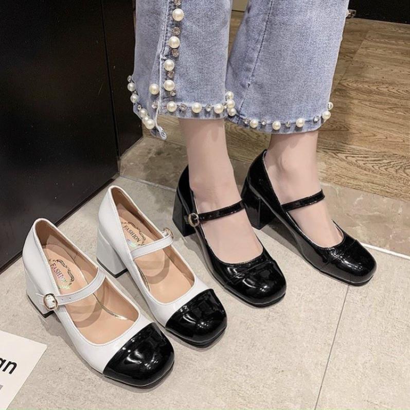 HQ GIÀY BÚP BÊ GÓT VUÔNG ĐẾ CAO 5 PHÂN TRENDY - GIÀY BÚP BÊ DÁNG MARY JANE - ĐEN - TRẮNG