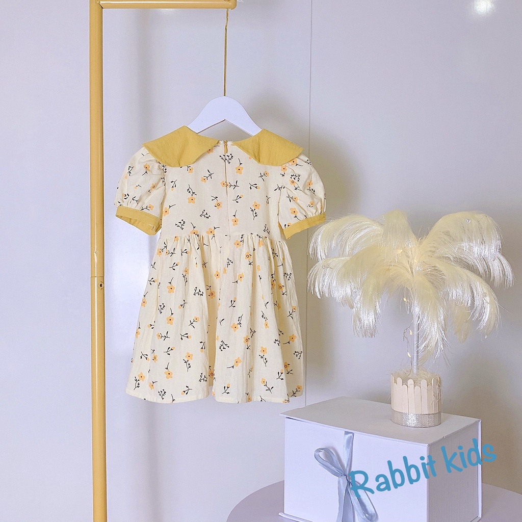 Váy Đi Học Cho Bé Gái Hoa Nơ Cổ Vàng💝FREESHIP💝 Rabbit Kids- Đầm Trẻ Em 0,1,2,3,4,5,6,7,8 Tuổi Chất Thô Cara Mềm Mại