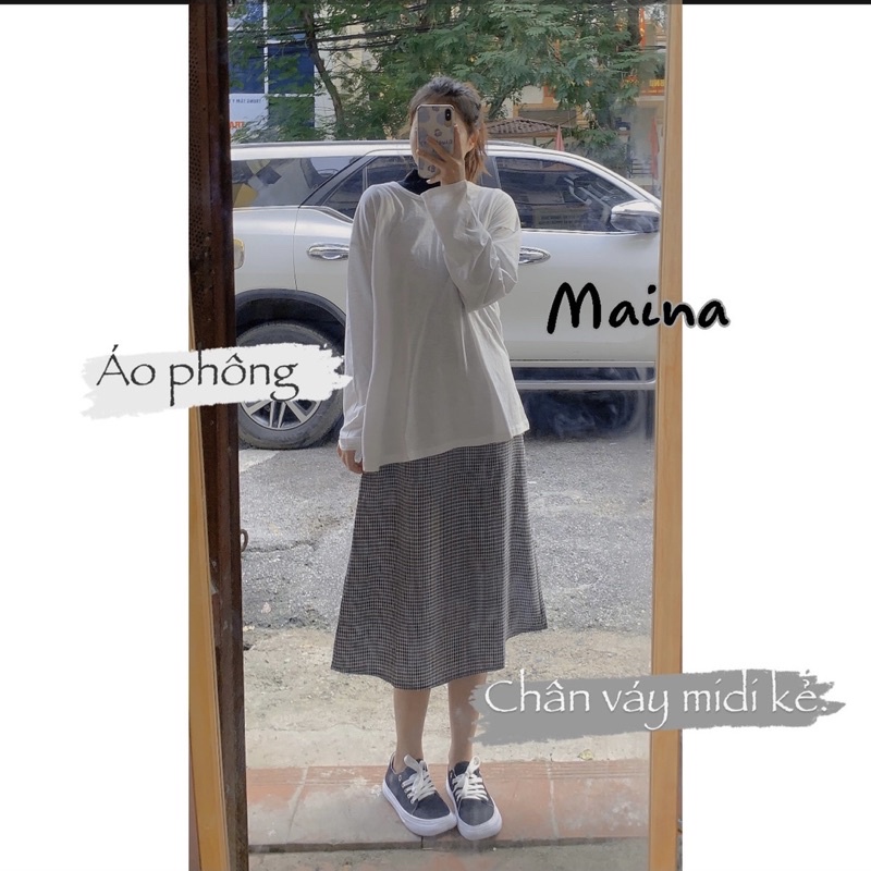 Set áo phông trắng dài tay chất mềm kèm chân váy midi kẻ