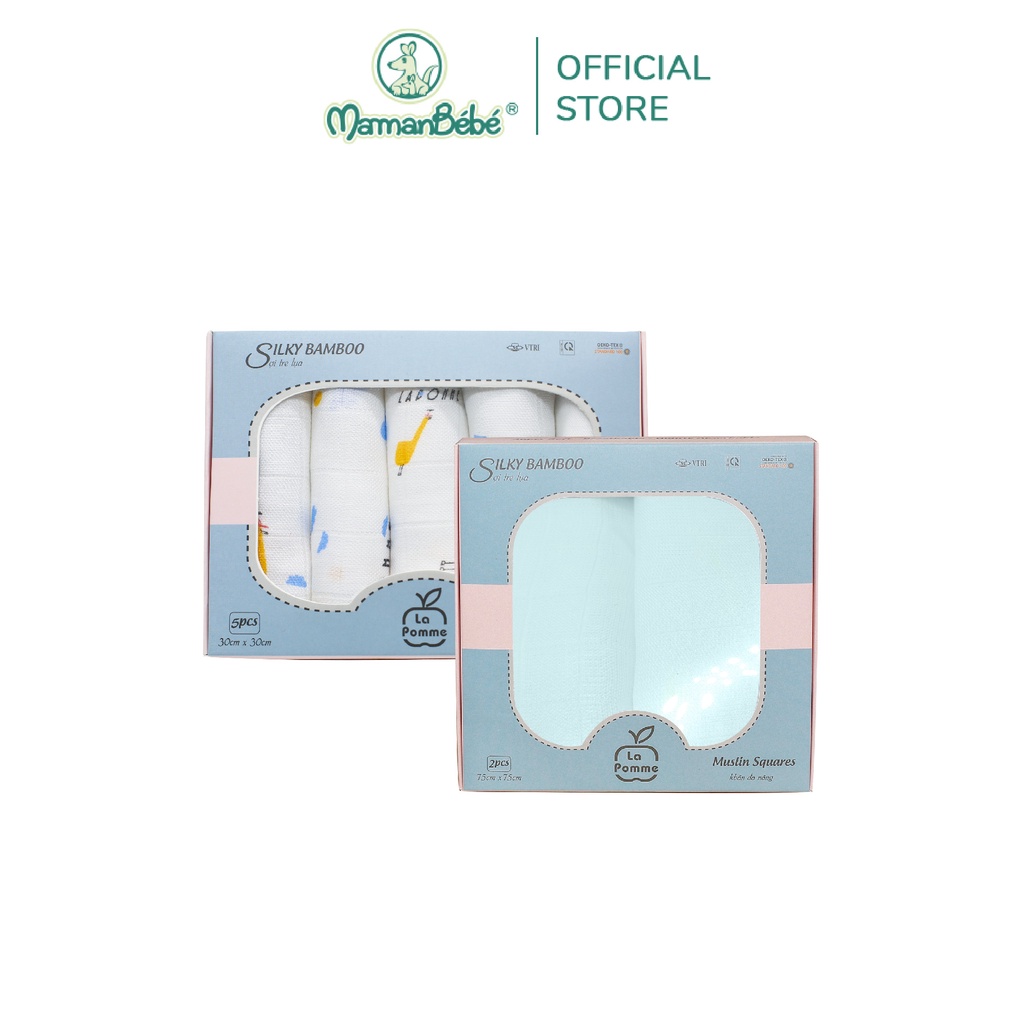 Combo K001 sét 5 khăn (30x30cm) Funny goose &amp; K002 sét 2 khăn (75x75cm) Trơn - la pomme