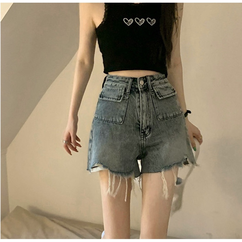 Quần Short Denim Nữ Lưng Cao Rách Gối Thời Trang