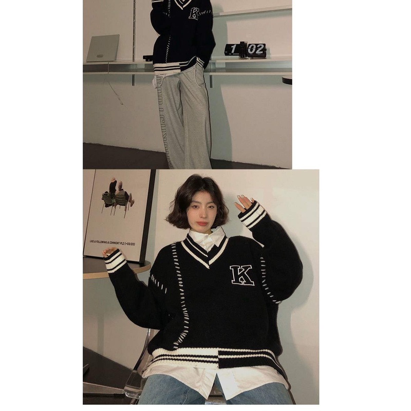 Áo Sweater Dệt Kim Tay Dài Cổ Chữ V Dáng Rộng Màu Sắc Tương Phản Phong Cách Retro Mỹ