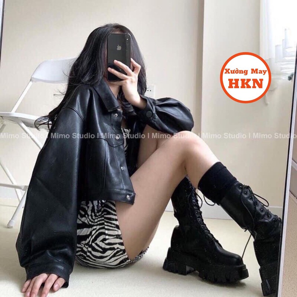 Áo Khoác Da Croptop Nữ Cúc Bấm Basic Mã 448 Xưởng May HKN