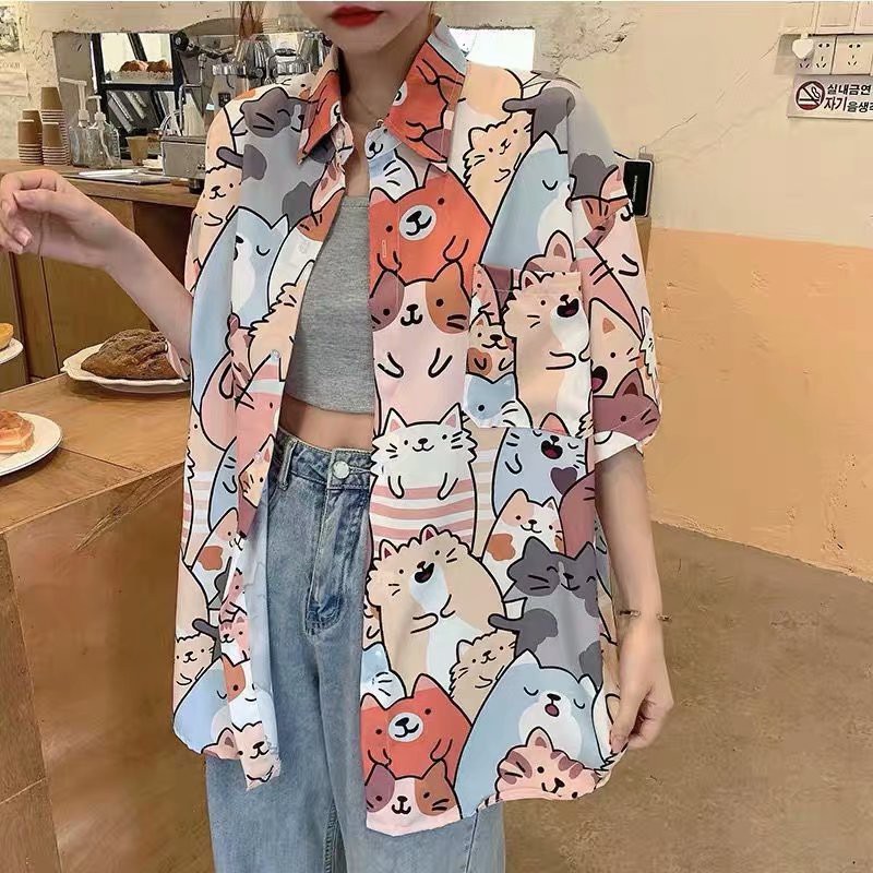 Hawaiian Style Cat Printed Short Sleeve Shirt For Men