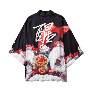 Áo khoác Kimono Haori phong cách Nhật Bản in hoạ tiết đầu lân chất lụa mềm mịn, thoáng mát dễ phối đồ giá rẻ