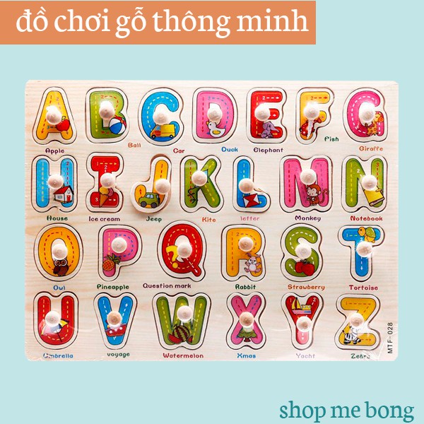 Bảng chữ cái tiếng Anh viết hoa có hình minh họa/có núm gỗ