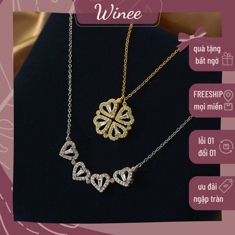 Vòng cổ, dây chuyền choker cỏ bốn lá hạnh phúc có thể gấp gọn đeo hai kiểu sang trọng thanh lịch Winee shop
