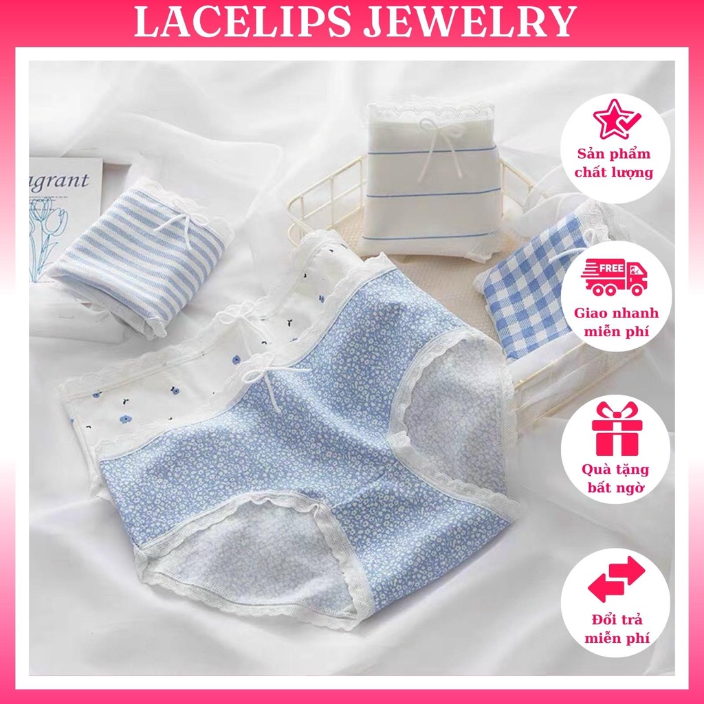 Combo 5 Quần Lót Nữ Cotton Cute Dễ Thương họa tiết kẻ xanh gắn nơ