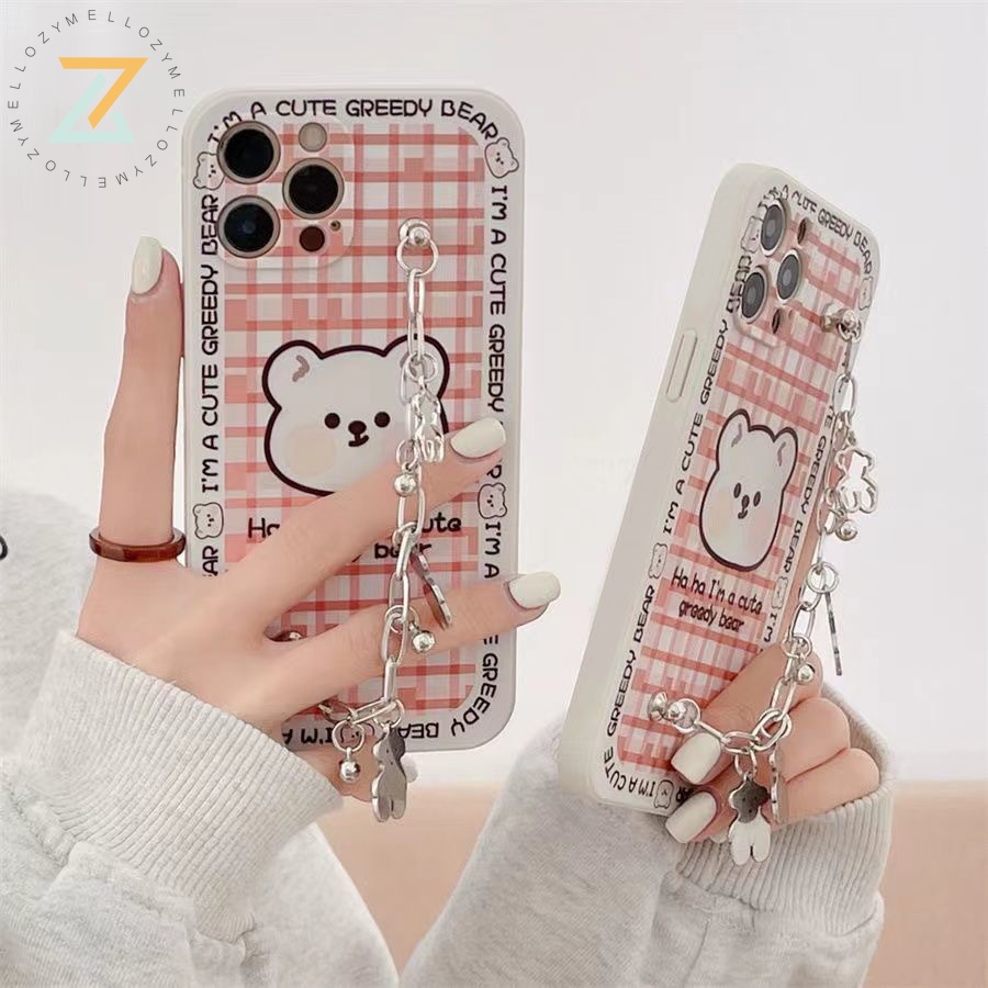 Zymello Ốp lưng OPPO A74 A3S A5 A76 A94 A96 A53 A95 F11 Pro F9 F7 F5 Reno 5 5G Reno 6 5G Reno 7 5G Reno 4 4G Ốp lưng điện thoại silicon hình gấu kẻ sọc thời trang dễ thương(có vòng tay)