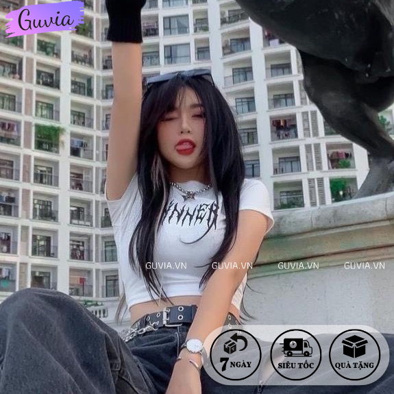 Áo Croptop Ôm Body Nữ SINNER Cổ Tròn Tay Ngắn, Áo Thun Croptop Kiểu Sexy In Họa Tiết GUVIA CR67