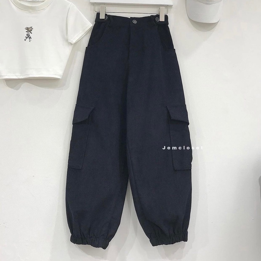 Quần Jogger Nữ Ống Rộng JEM CLOSET Bo Chân Quần Jogger Túi Hộp Nữ PELPAL Chất Nhung Gân Eo Tùy Chỉnh Form Siêu Xinh 2641