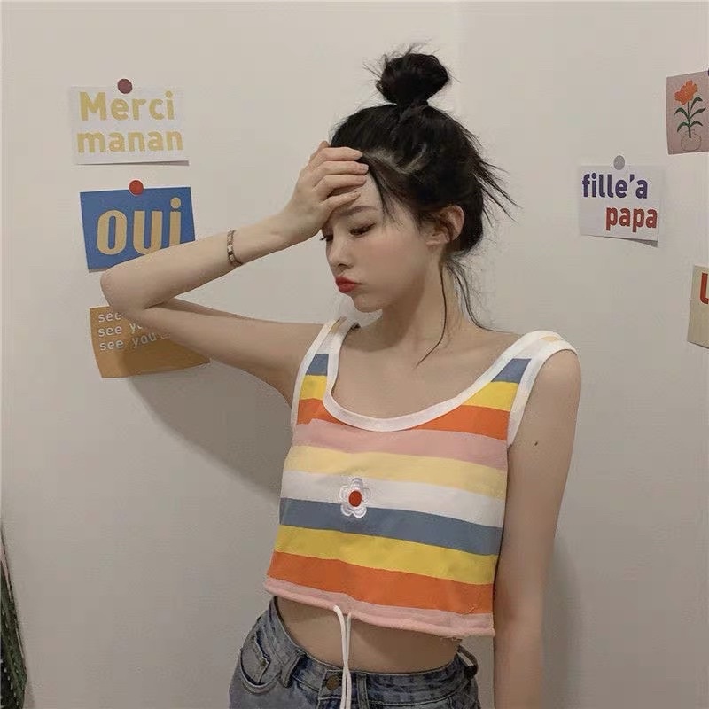(Order )Áo 3 lỗ sọc ngang bảy sắc cầu vòng phong cách tiny