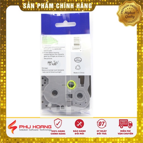Nhãn in TZ2-651, Khổ rộng 24mm, chữ đen nền vàng , bám dính cao