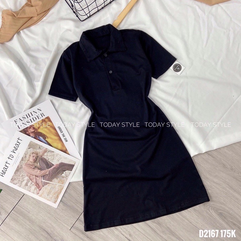 Váy thun suông polo cổ sơ mi tay ngắn ôm body MITRIE đầm cotton co dãn | BigBuy360 - bigbuy360.vn